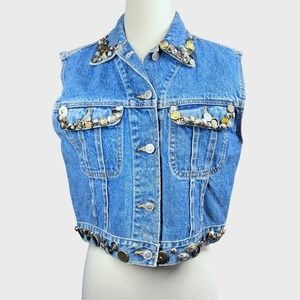 Vintage 80s Gitano Denim Vest DIY Small Embellished Buttons Maximalist Punk RARE